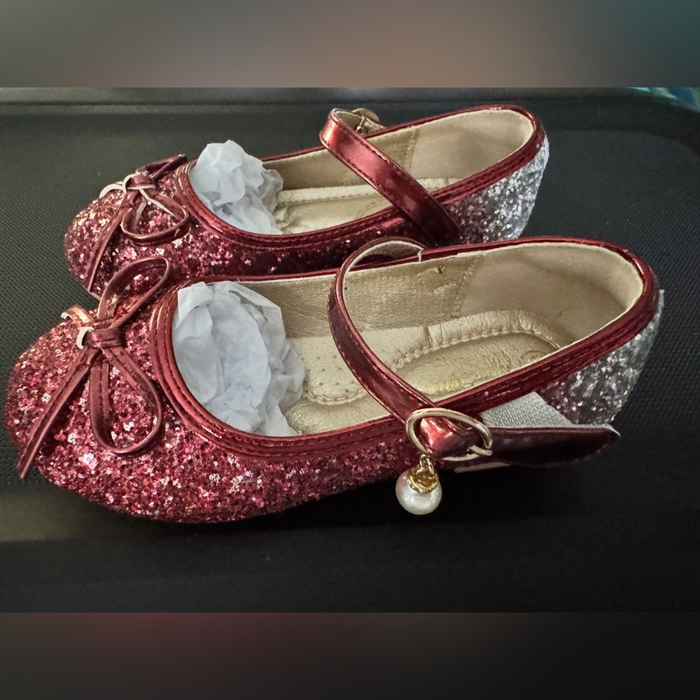💟Toddler Girls Ombré Red-Silver Glitter Flat Mary Jane Flower Girl Ballet Shoes